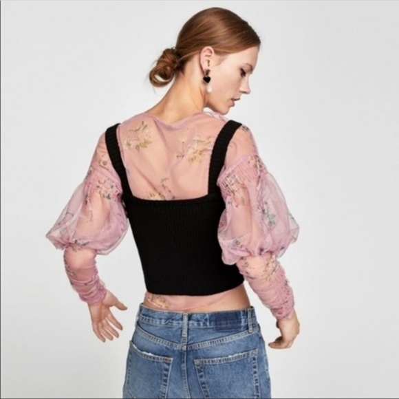 Zara printed floral sheer romantic love sleeve top - Picture 12 of 16